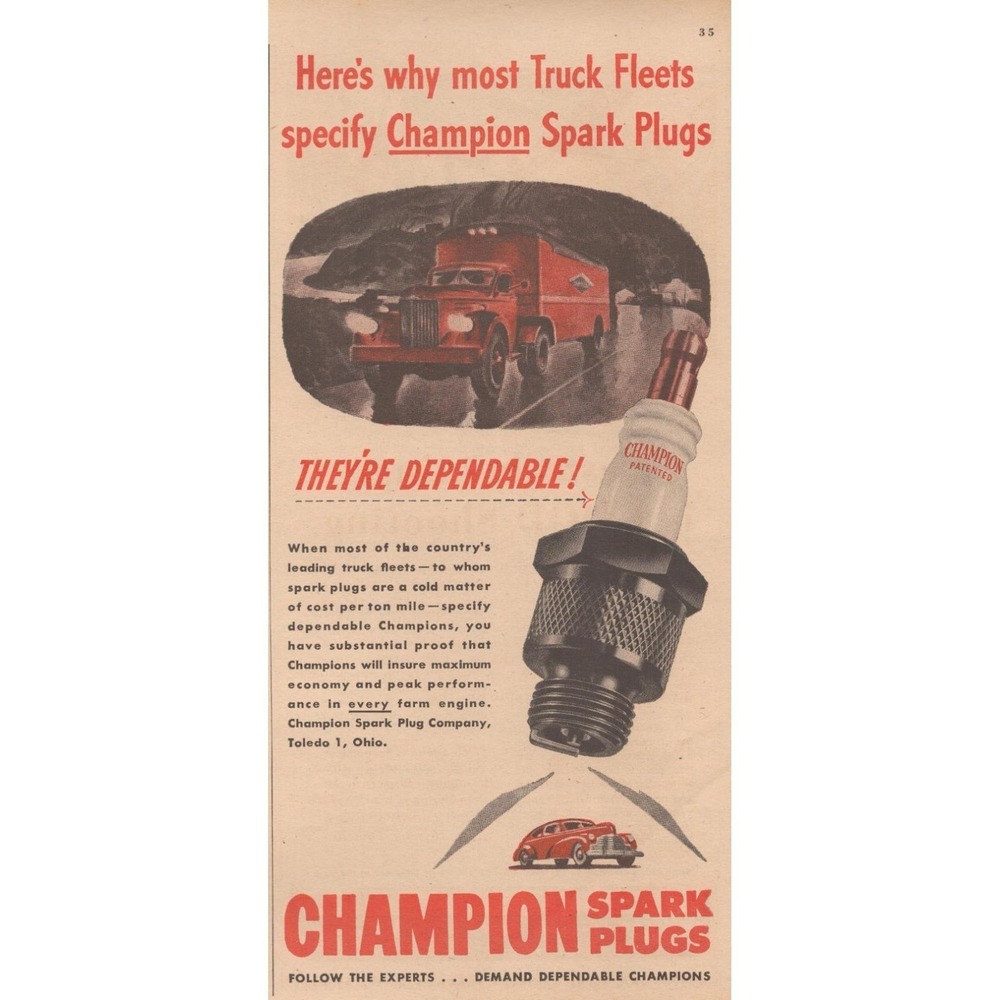 1946 Champion Spark Plugs Vintage Print Ad Truck‎ Fleet Auto Engine Toledo Ohio